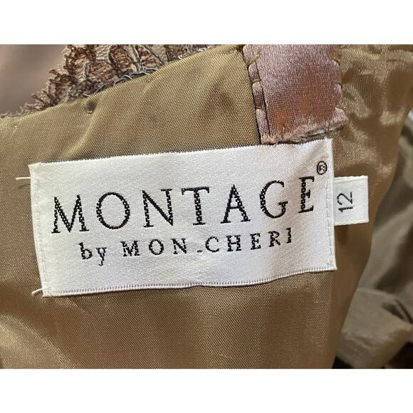 Montage by Mon Cheri Gown Lace Peplum Corseted Bodice Satin Trim Taupe Womens 10 - Picture 9 of 12